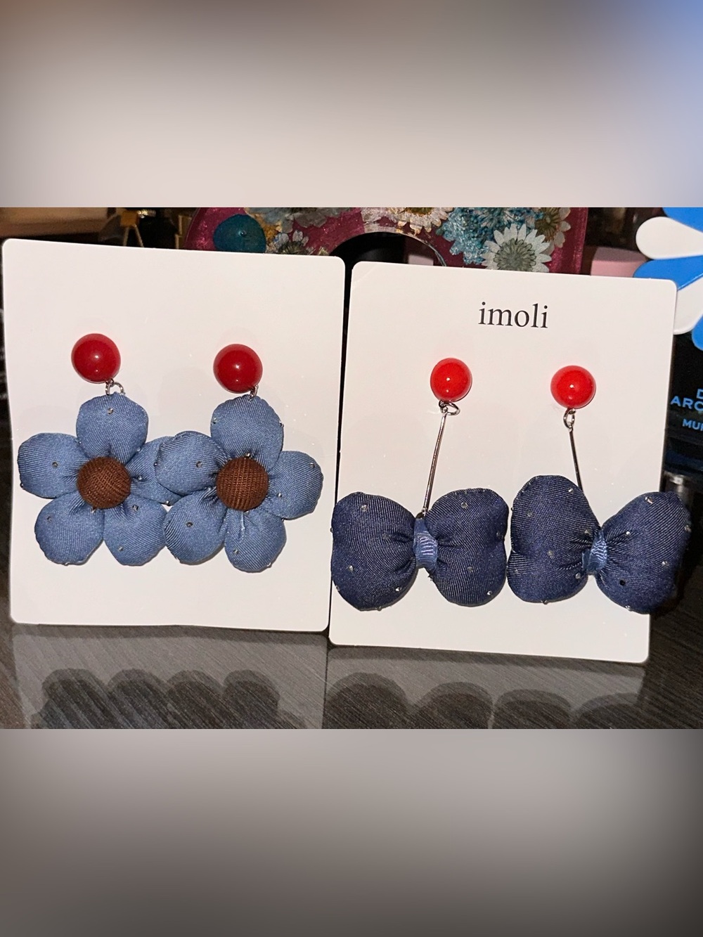 Imoli Navy Fabric Floral & Bow Drop Earrings with Red Studs